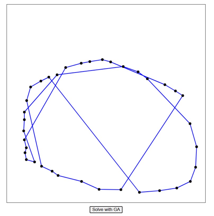 Image of maybe twenty or thirty black dots, arranged in a circle. Lines connect each of the dots, finding a path that is remarkably close to the shortest, but obviously not the shortest.