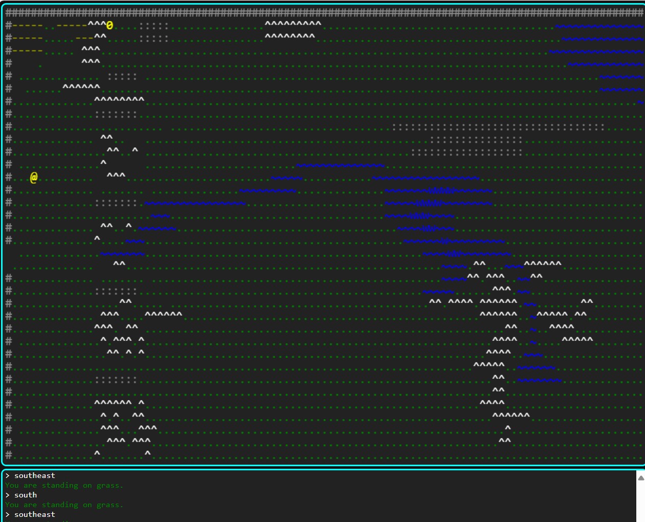 screenshot of browser showing ascii map and other panels